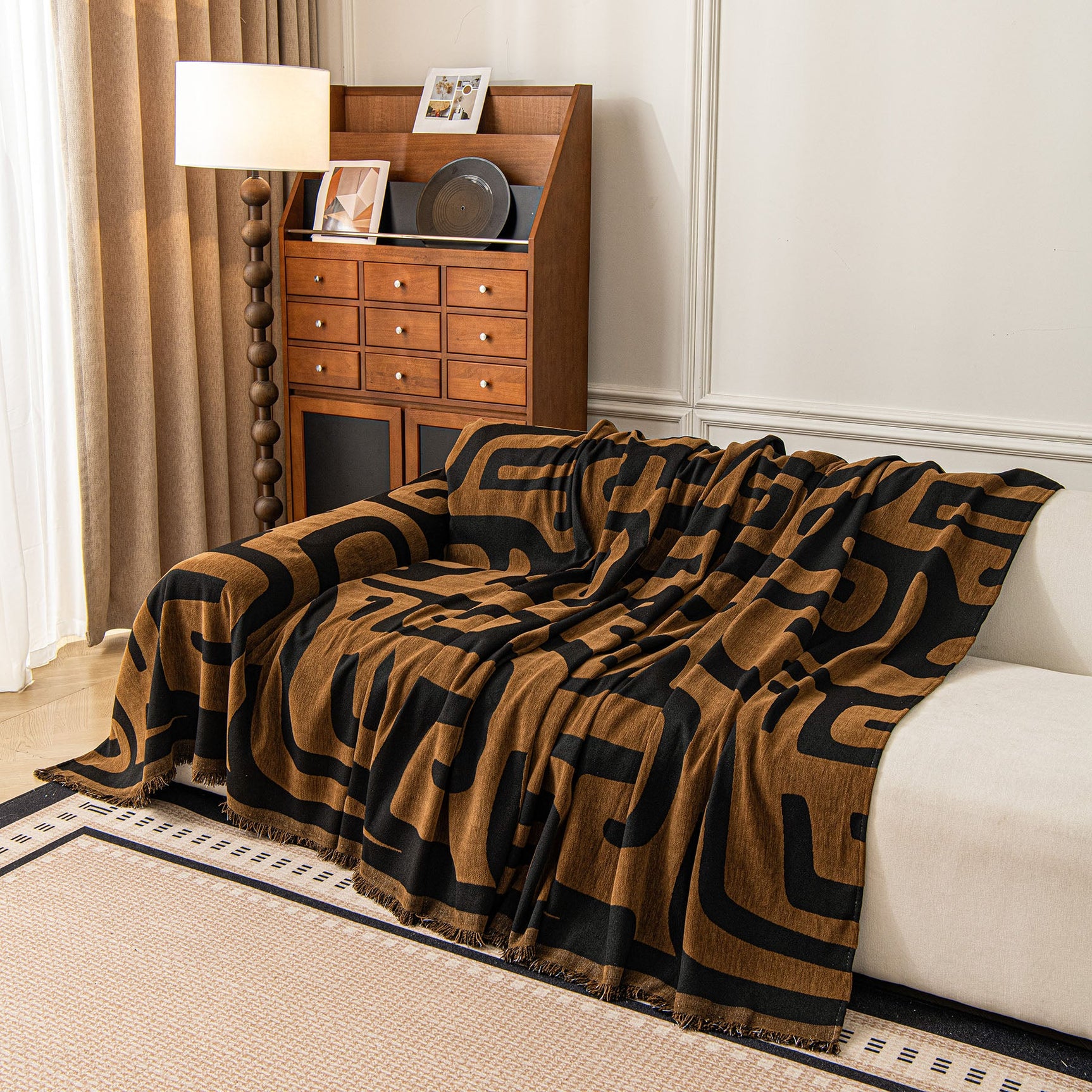 Modern Boho Chenille Sofa Cover Throw Blanket, Abstract Geometric Pattern Couch Cover - Ornate Home