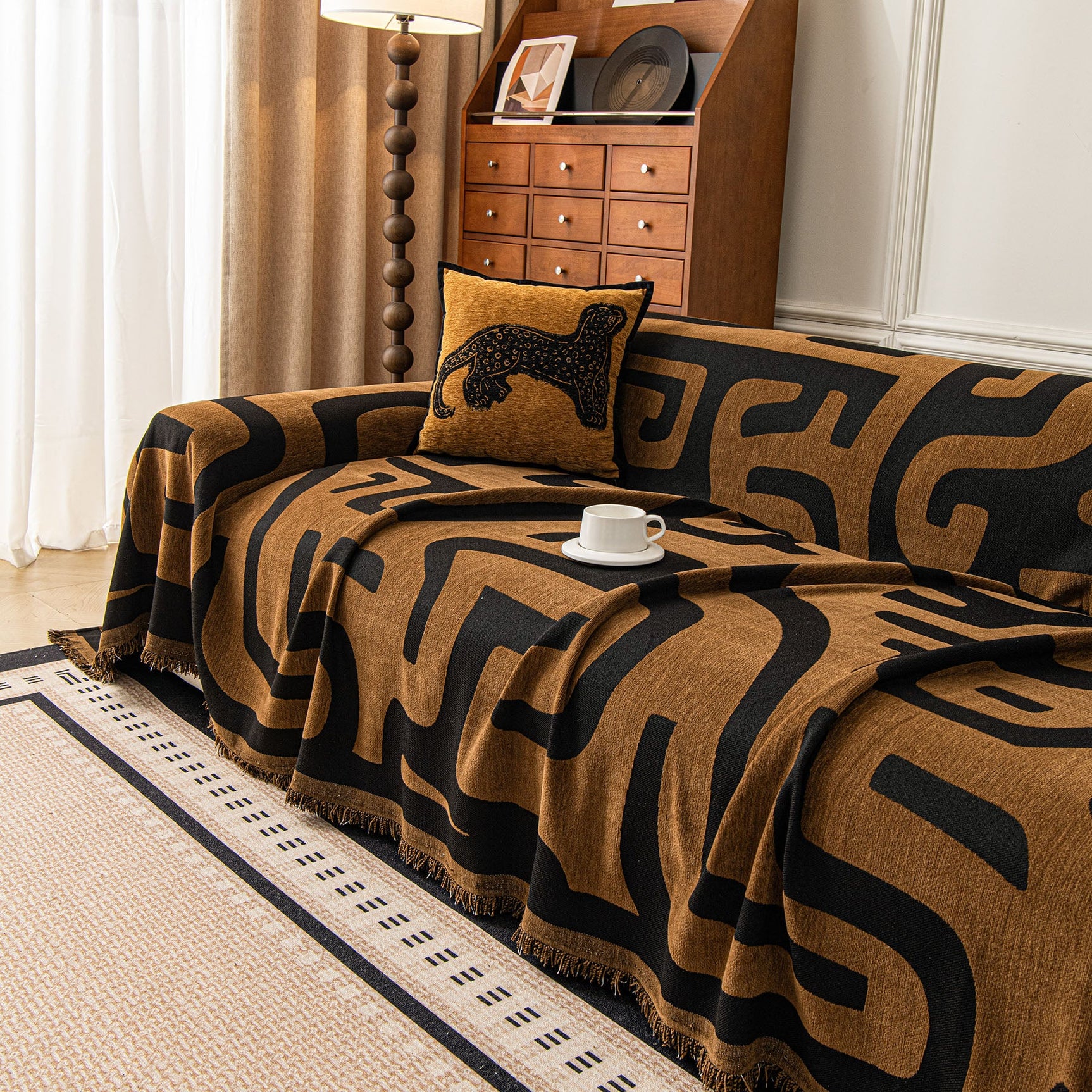 Modern Boho Chenille Sofa Cover Throw Blanket, Abstract Geometric Pattern Couch Cover - Ornate Home