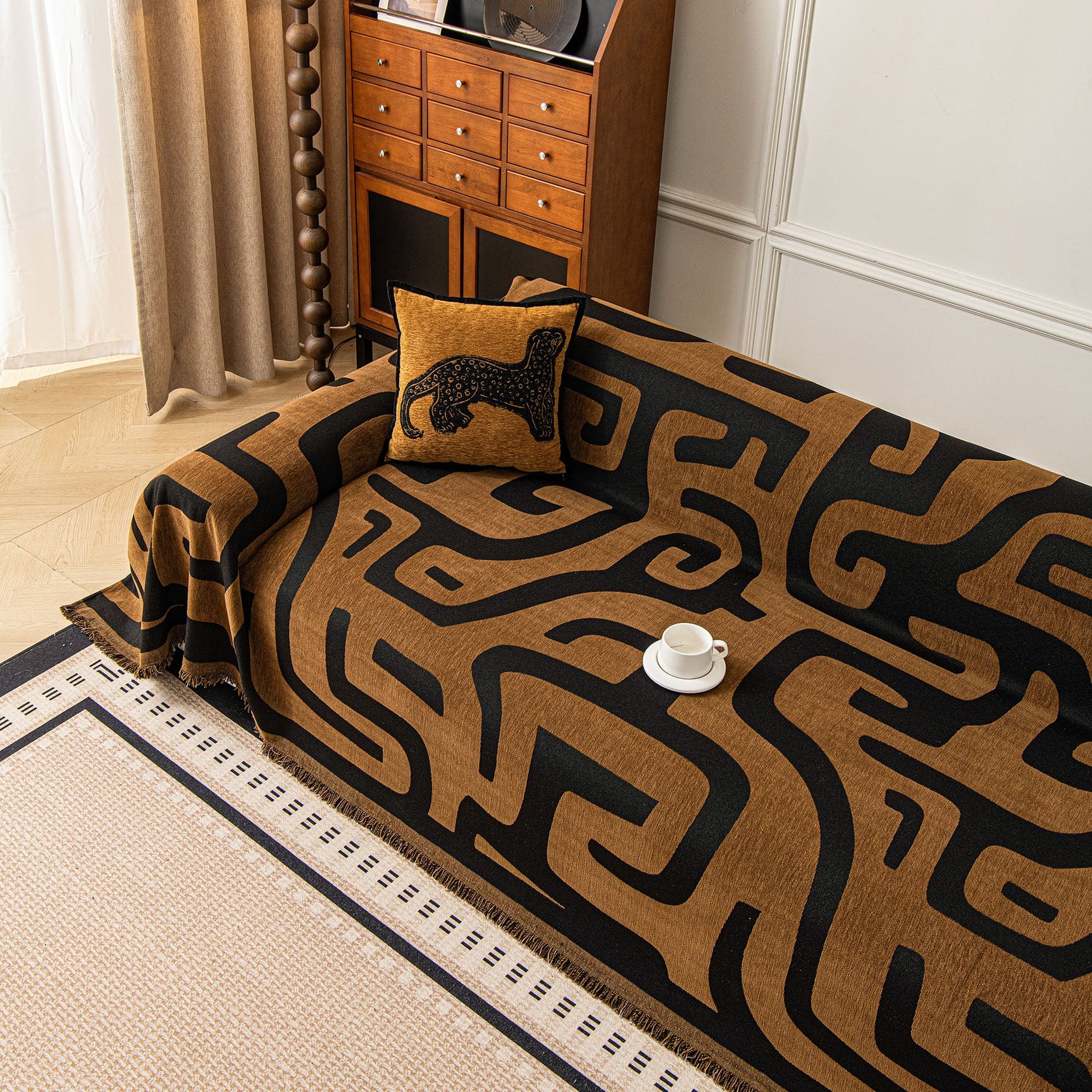 Modern Boho Chenille Sofa Cover Throw Blanket, Abstract Geometric Pattern Couch Cover - Ornate Home