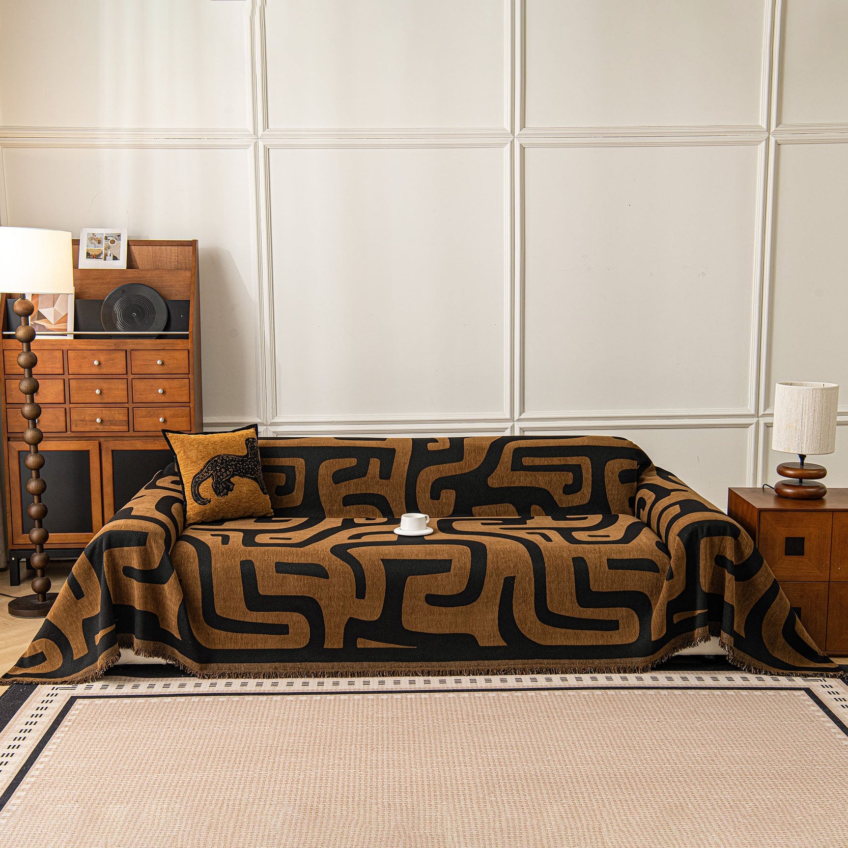 Modern Boho Chenille Sofa Cover Throw Blanket, Abstract Geometric Pattern Couch Cover - Ornate Home