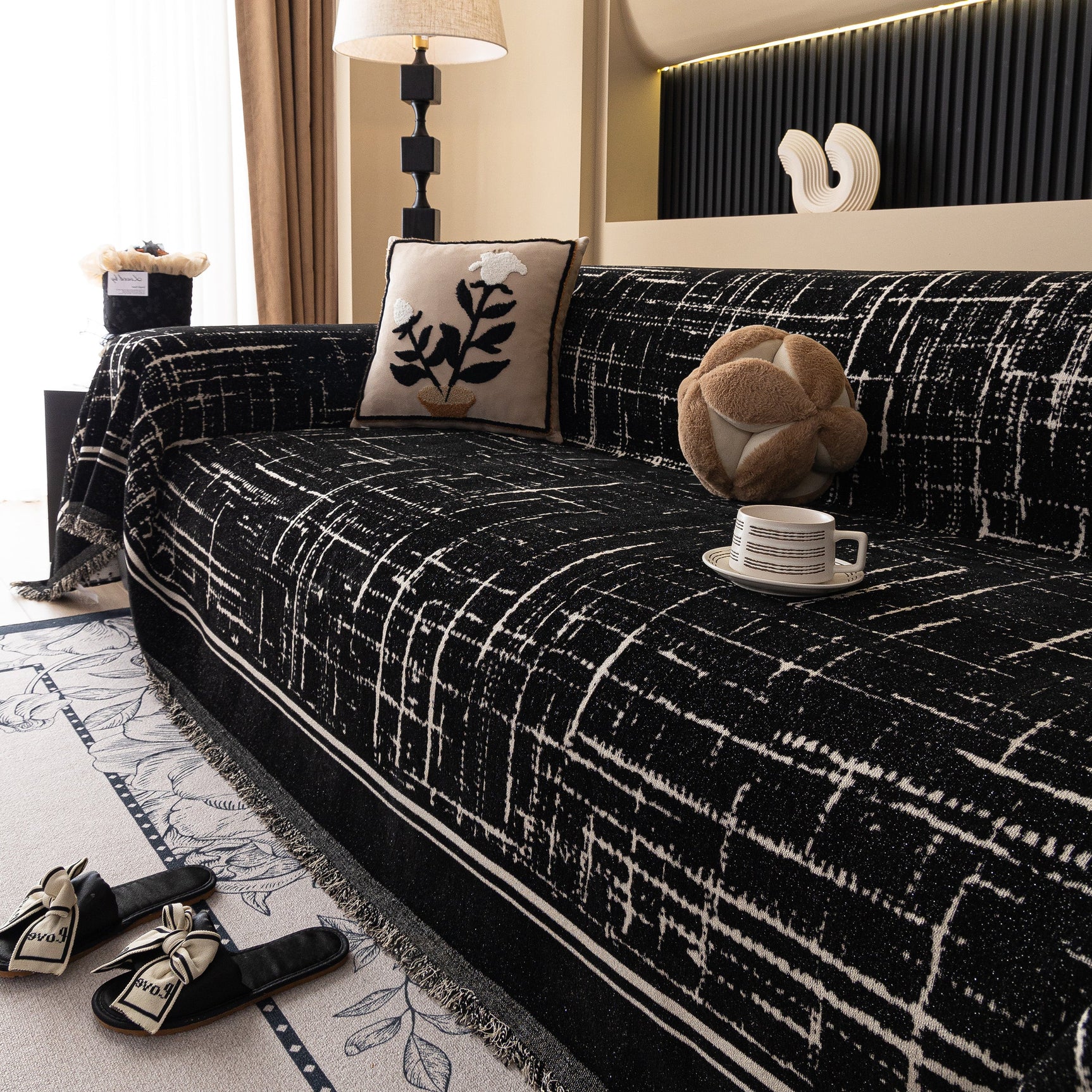 Modern Couch Protector Blanket Woven Chenille Sofa Cover Throw with Artistic Grid - Ornate Home