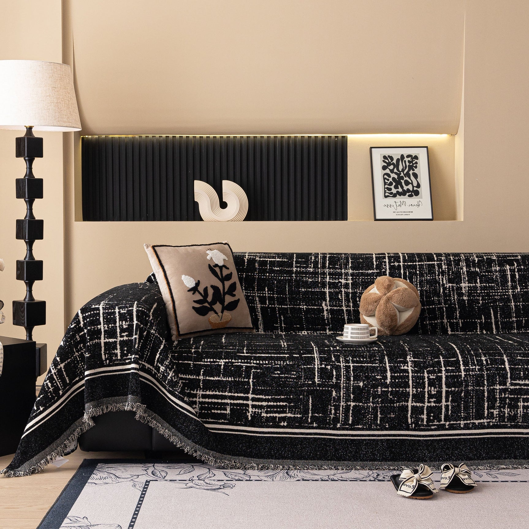 Modern Couch Protector Blanket Woven Chenille Sofa Cover Throw with Artistic Grid - Ornate Home