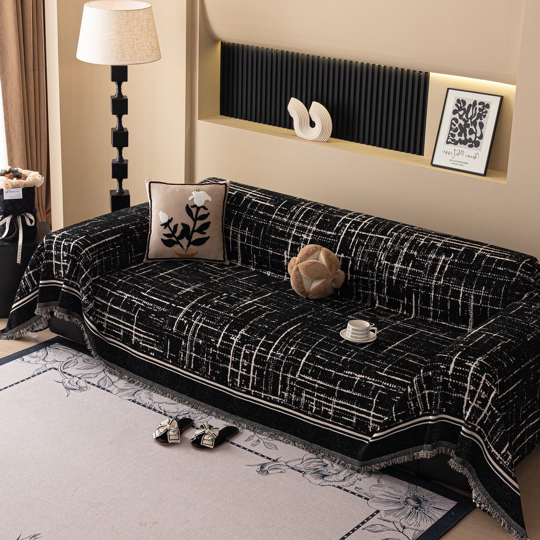 Modern Couch Protector Blanket Woven Chenille Sofa Cover Throw with Artistic Grid - Ornate Home