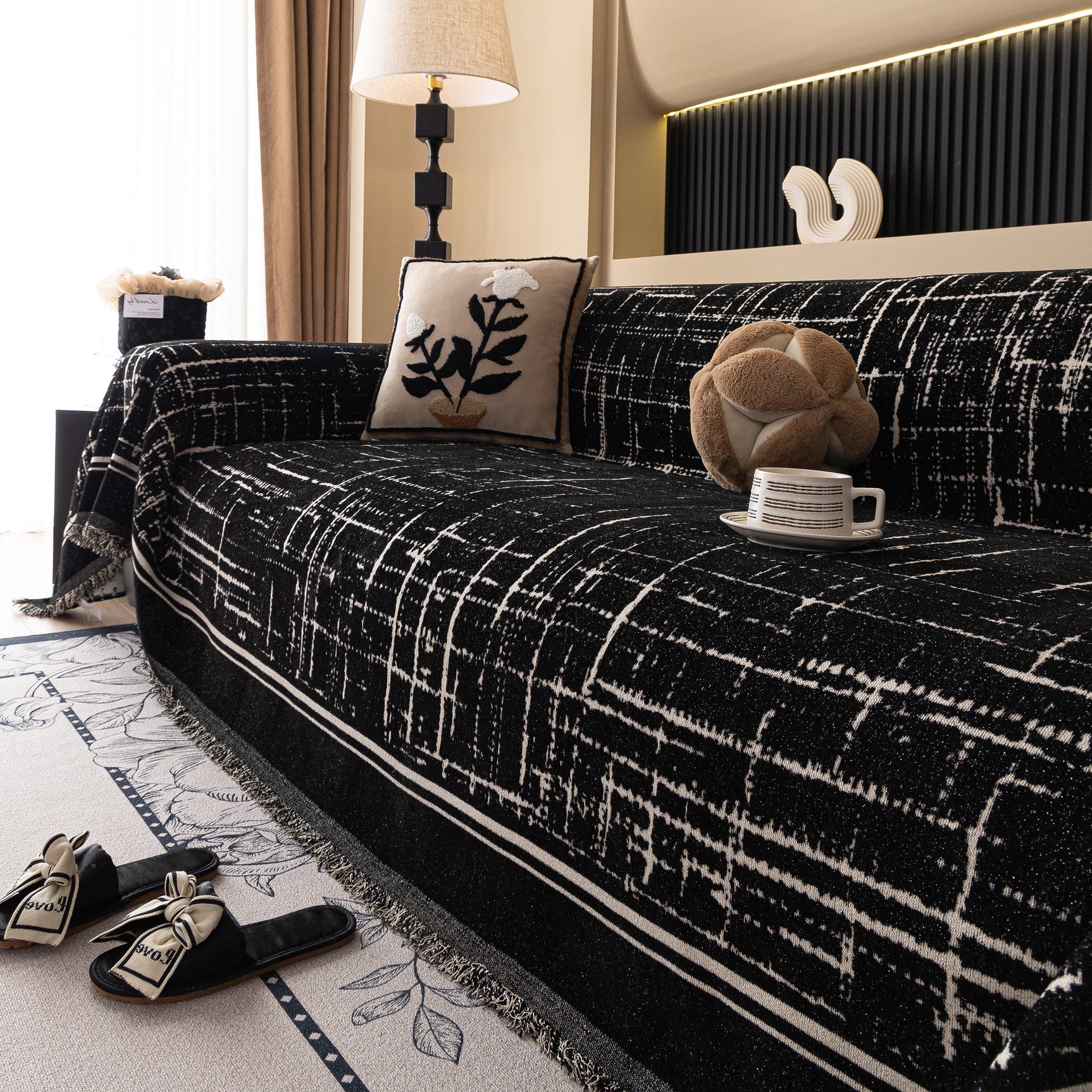 Modern Couch Protector Blanket Woven Chenille Sofa Cover Throw with Artistic Grid - Ornate Home