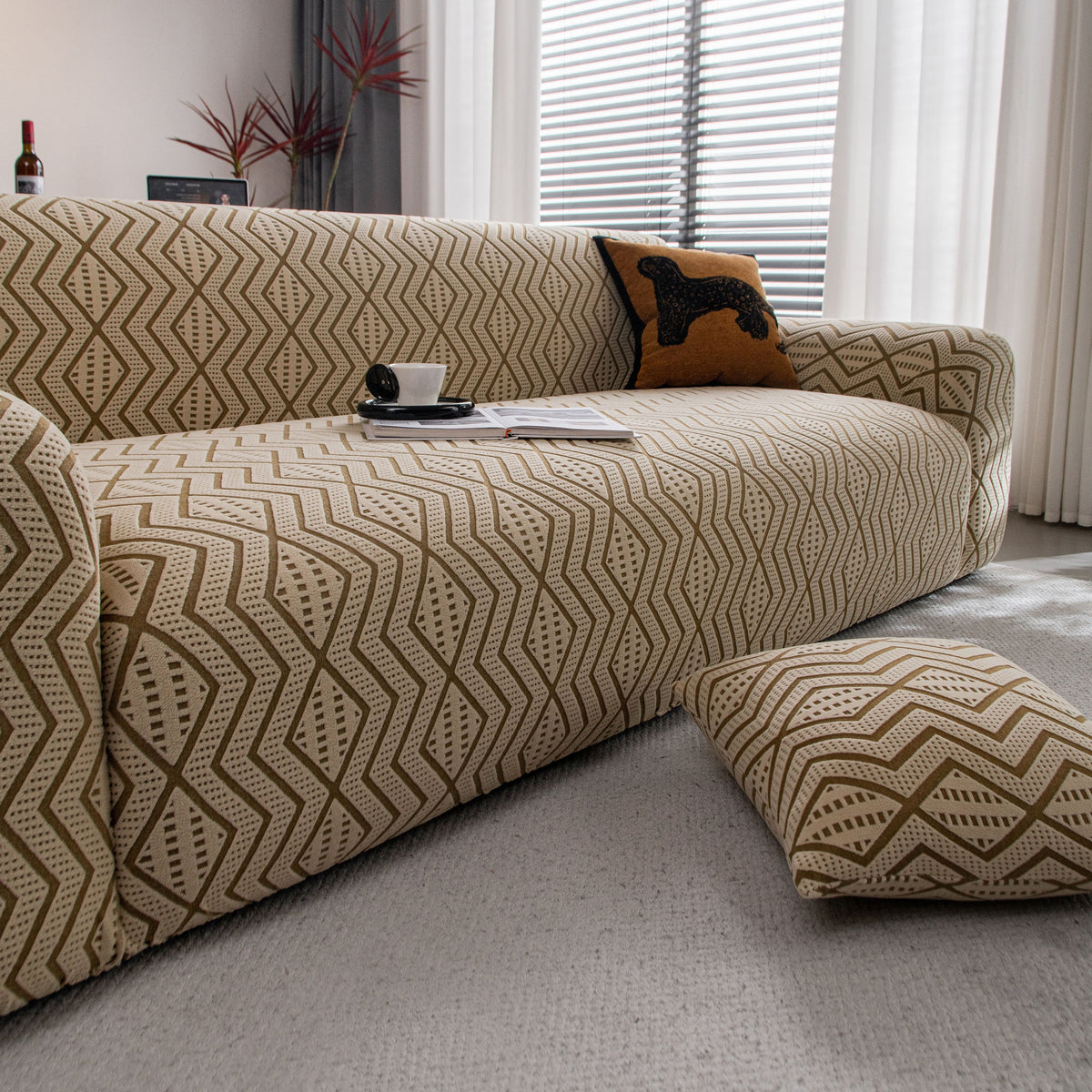 Modern Geometric Jacquard Sofa Slipcover, High Stretch 1-Piece Textured Couch Cover - Ornate Home
