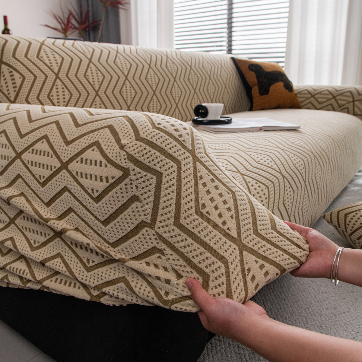 Modern Geometric Jacquard Sofa Slipcover, High Stretch 1-Piece Textured Couch Cover - Ornate Home