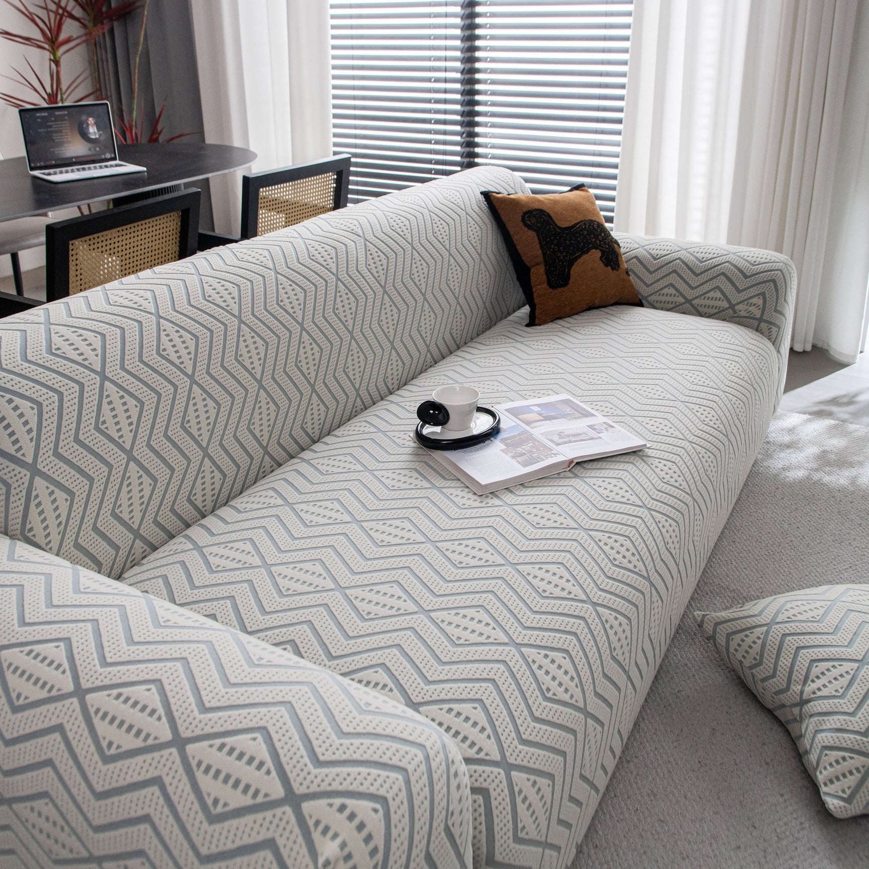 Modern Geometric Jacquard Sofa Slipcover, High Stretch 1-Piece Textured Couch Cover - Ornate Home