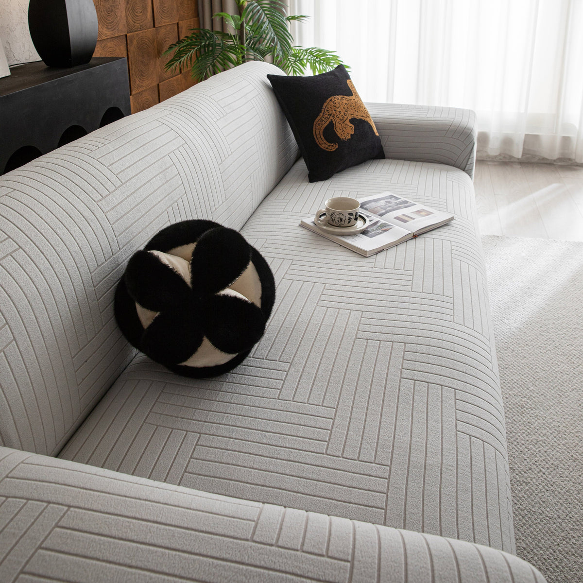 Modern Geometric Jacquard Spandex Slipcover, High Stretch Form Fitting Couch Cover - Ornate Home