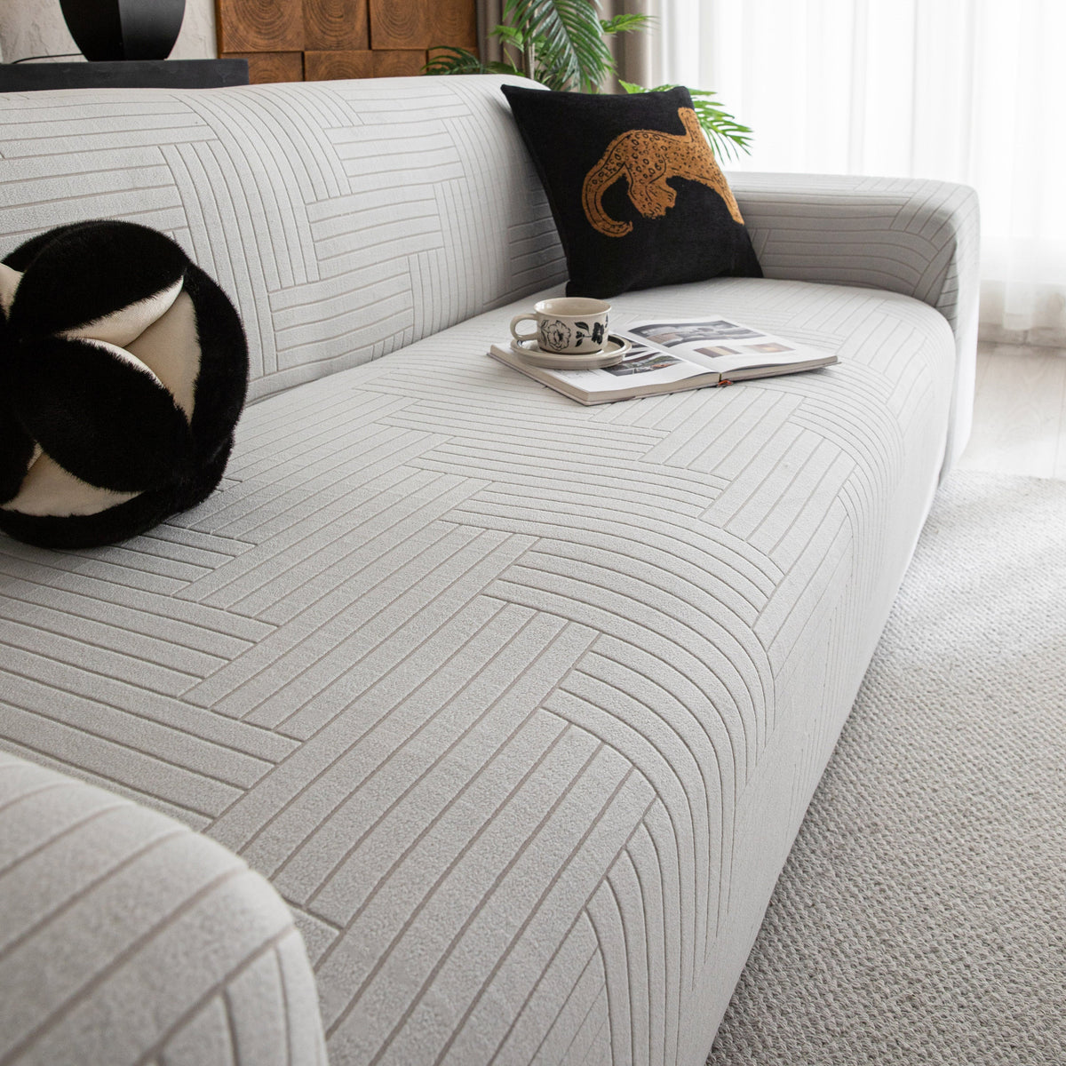 Modern Geometric Jacquard Spandex Slipcover, High Stretch Form Fitting Couch Cover - Ornate Home