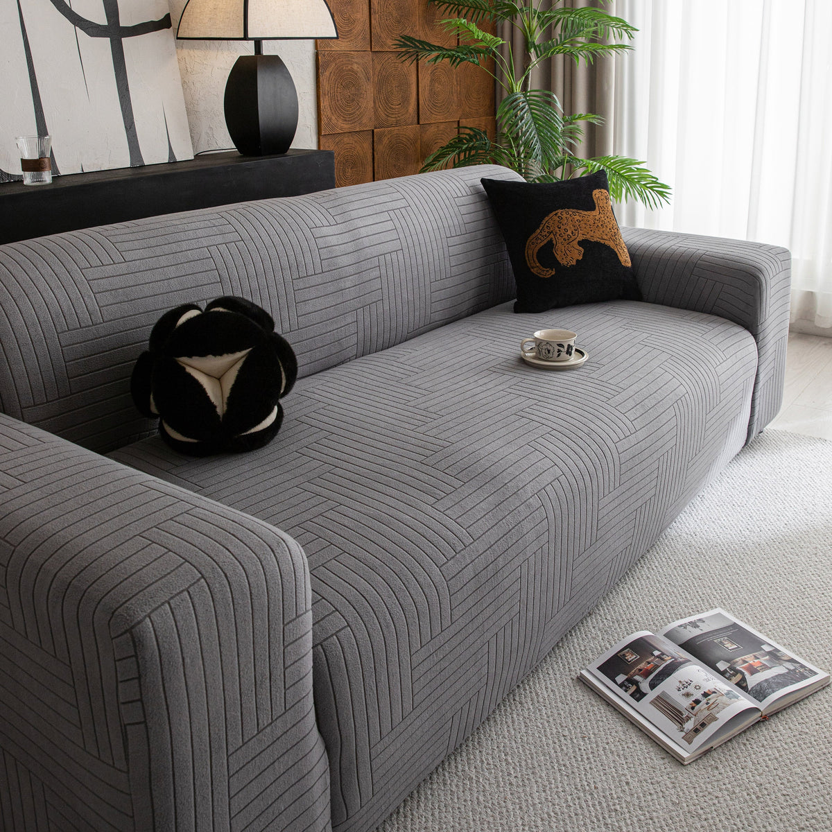 Modern Geometric Jacquard Spandex Slipcover, High Stretch Form Fitting Couch Cover - Ornate Home
