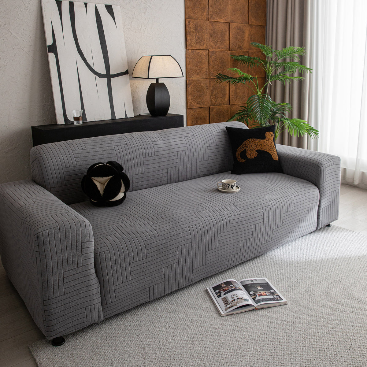 Modern Geometric Jacquard Spandex Slipcover, High Stretch Form Fitting Couch Cover - Ornate Home
