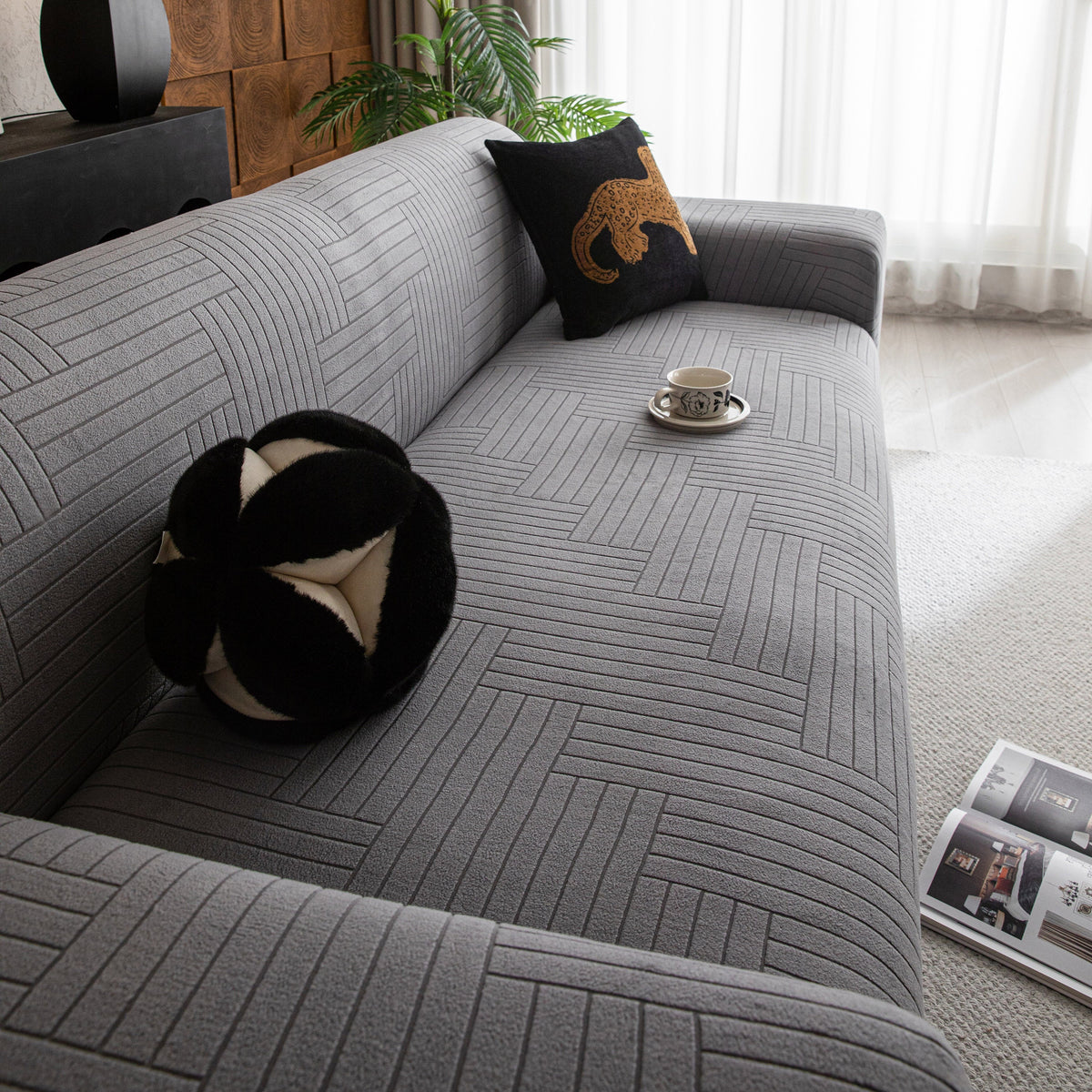 Modern Geometric Jacquard Spandex Slipcover, High Stretch Form Fitting Couch Cover - Ornate Home