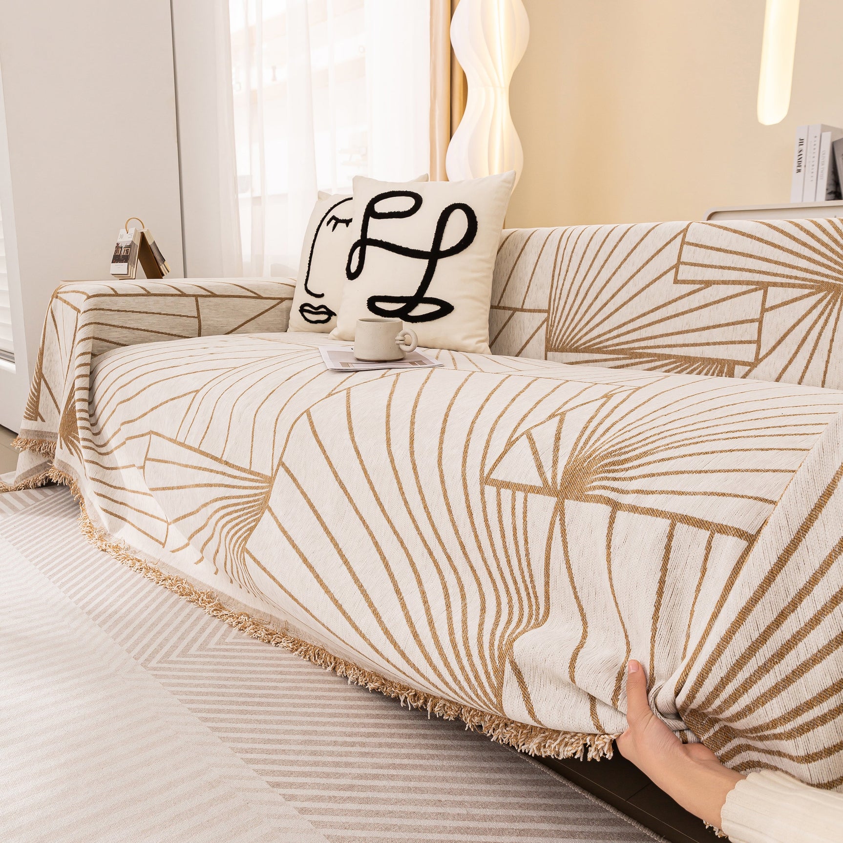 Modern Minimalist Chenille Line Pattern Sofa Cover, Dust and Scratch Resistant Throw Blankets for Couch - Ornate Home