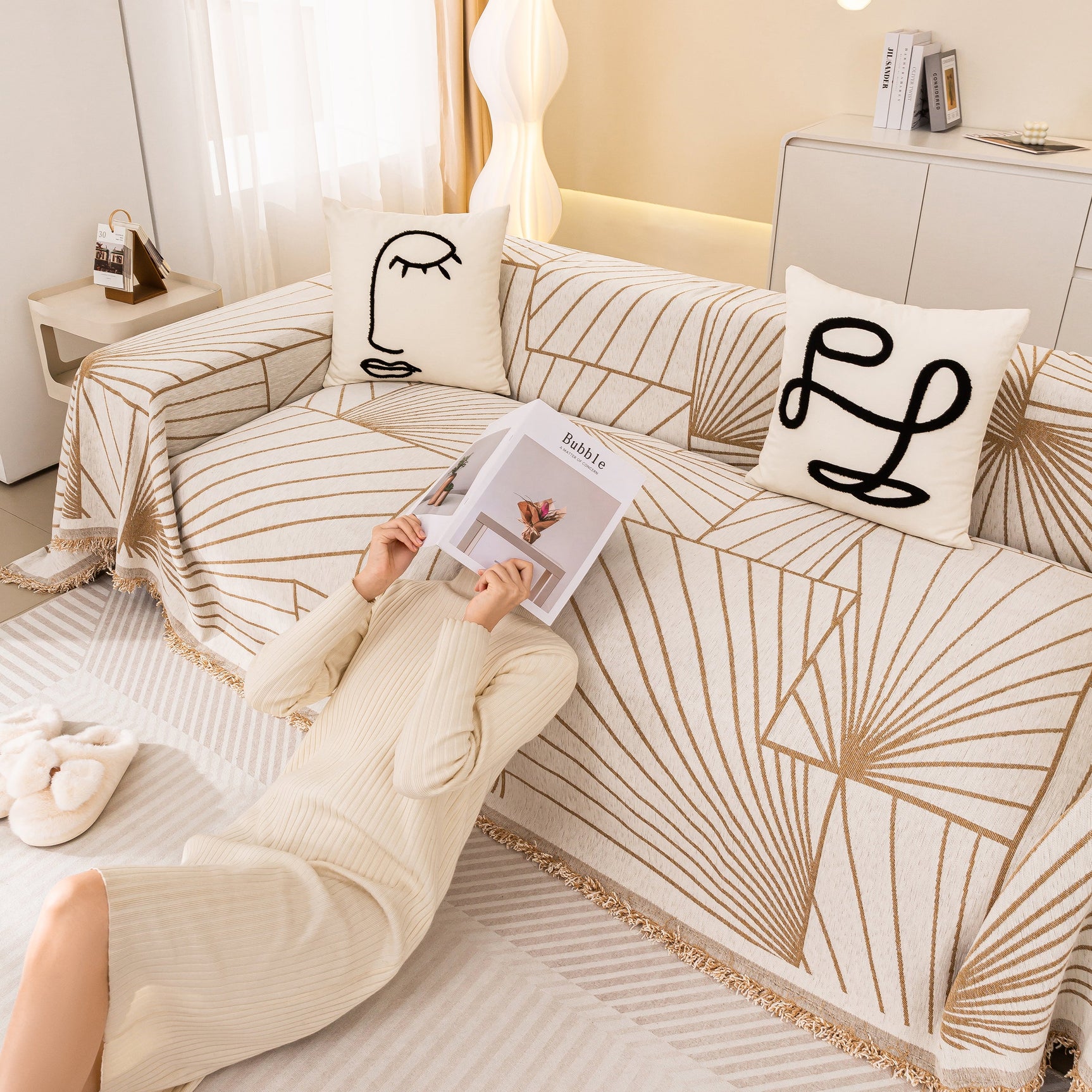 Modern Minimalist Chenille Line Pattern Sofa Cover, Dust and Scratch Resistant Throw Blankets for Couch - Ornate Home