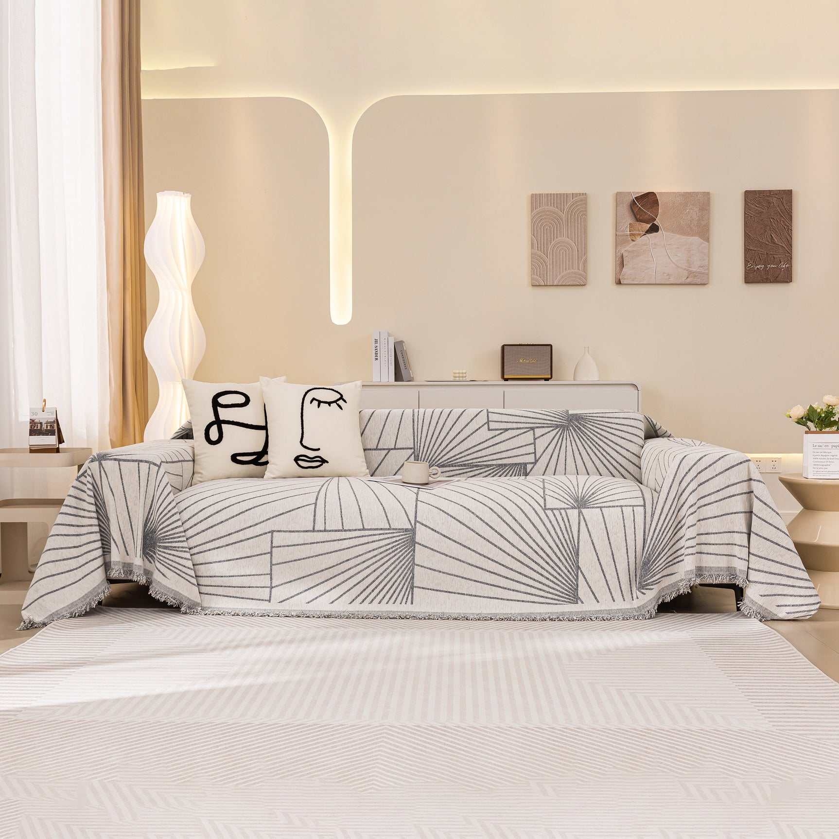 Modern Minimalist Chenille Line Pattern Sofa Cover, Dust and Scratch Resistant Throw Blankets for Couch - Ornate Home