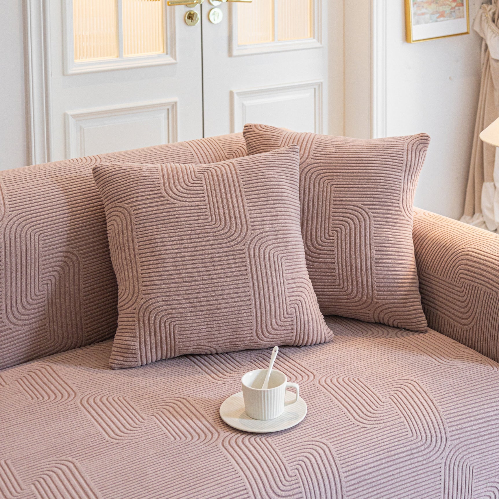 Modern Slipcovers Geometric Textured Stretchable Sofa Cover for Couch with Chaise - Ornate Home