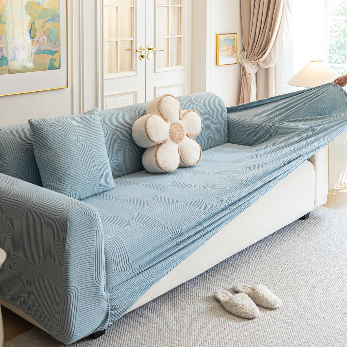 Modern Slipcovers Geometric Textured Stretchable Sofa Cover for Couch with Chaise - Ornate Home