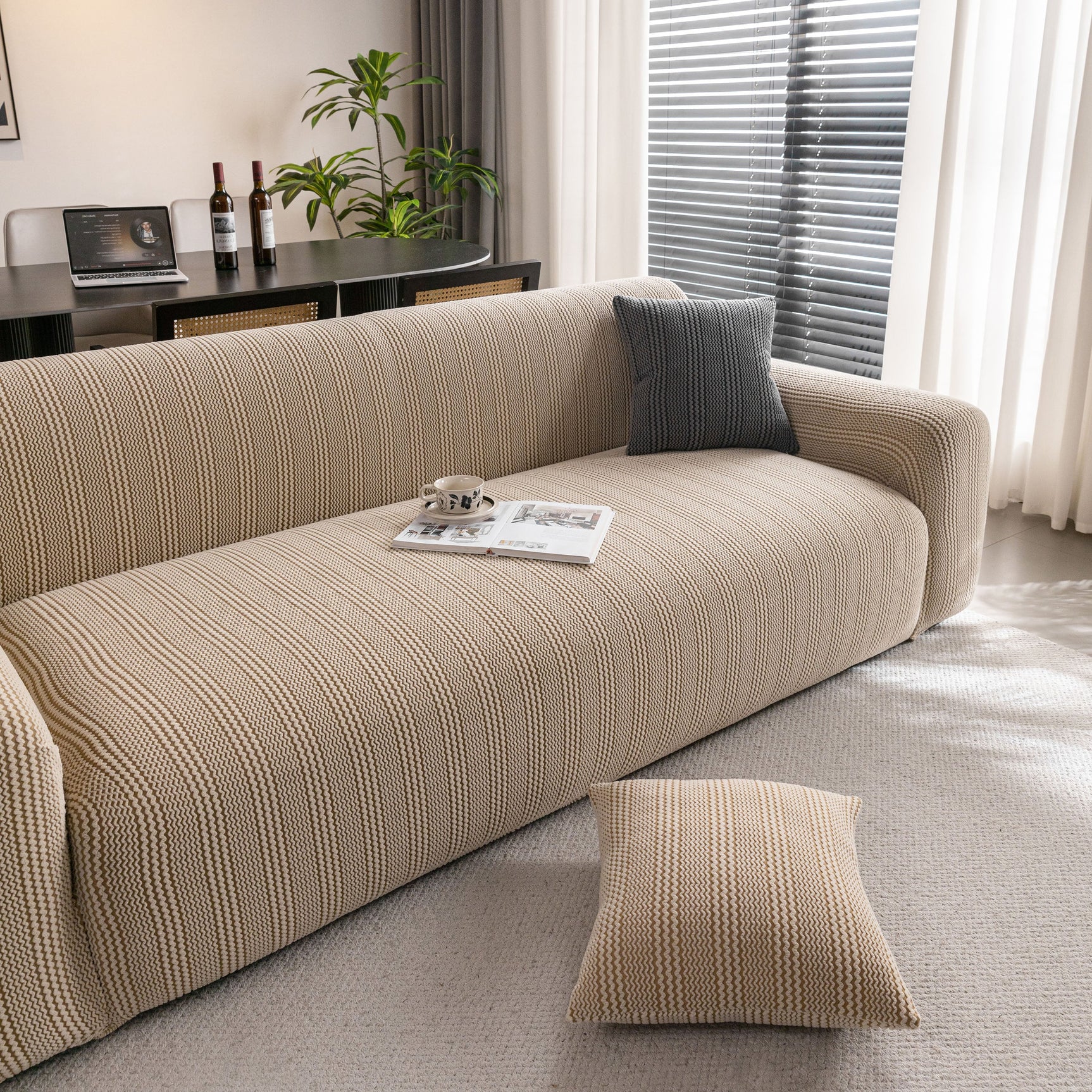 Modern Textured Stretch Sofa Cover, Plush Fleece Sofa Slipcover with 3D Stripe Texture - Ornate Home