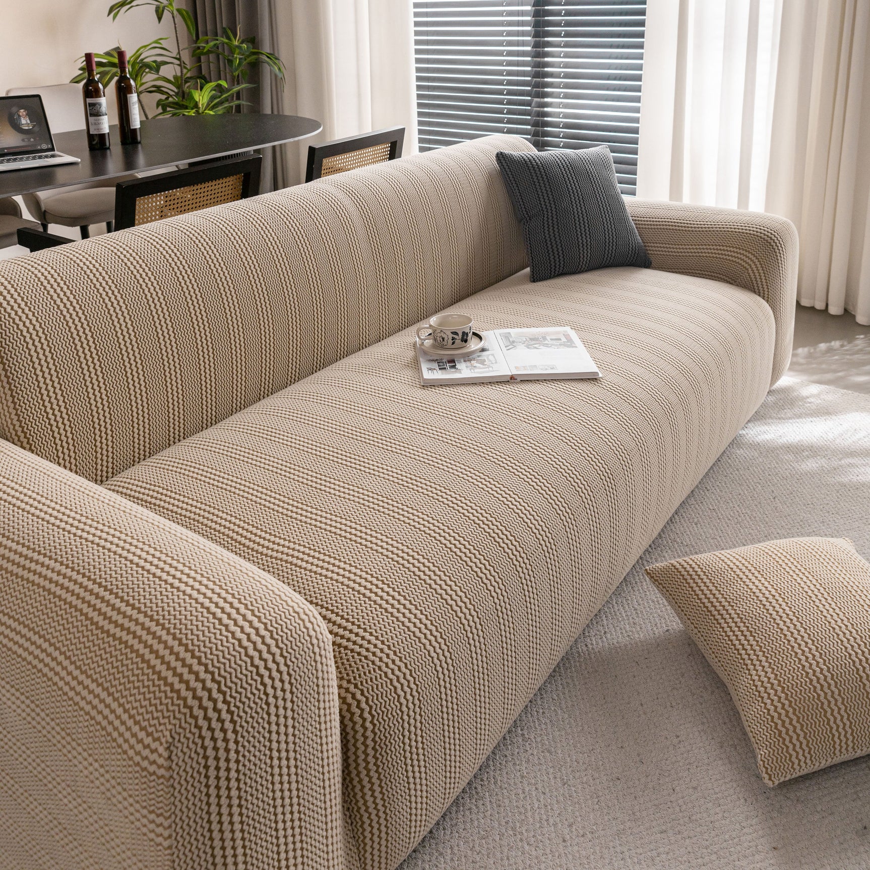 Modern Textured Stretch Sofa Cover, Plush Fleece Sofa Slipcover with 3D Stripe Texture - Ornate Home