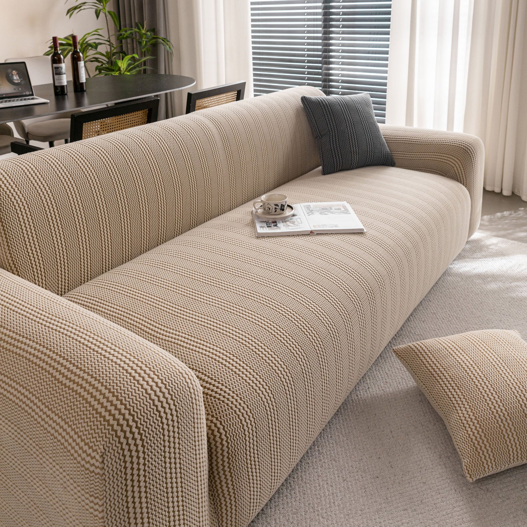Modern Textured Stretch Sofa Cover, Plush Fleece Sofa Slipcover with 3D Stripe Texture - Ornate Home