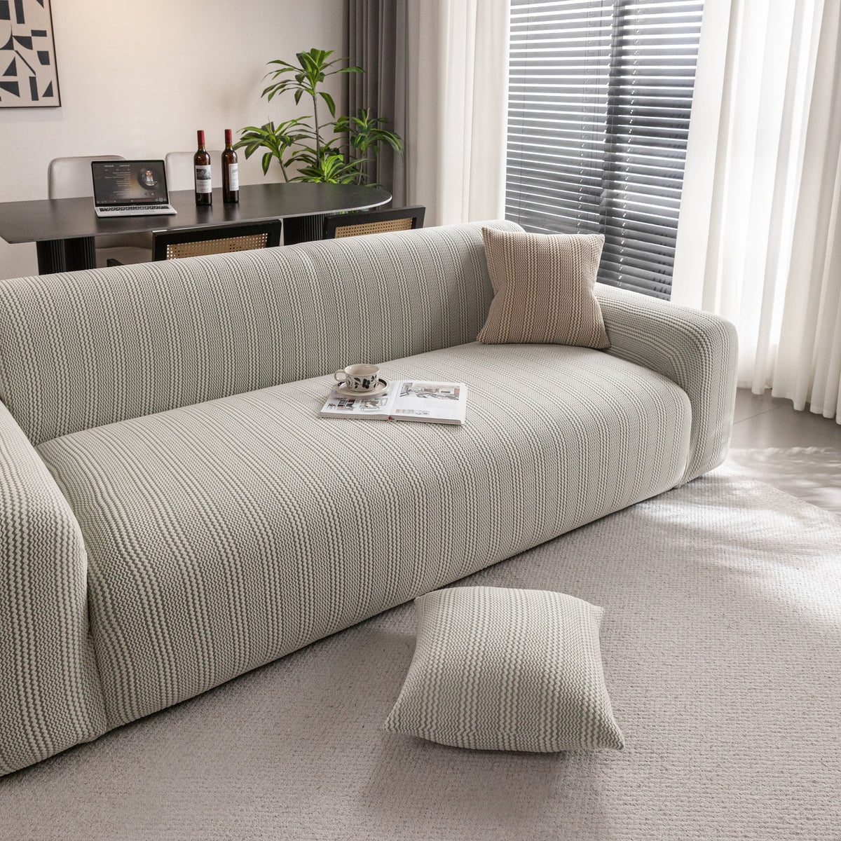 Modern Textured Stretch Sofa Cover, Plush Fleece Sofa Slipcover with 3D Stripe Texture - Ornate Home
