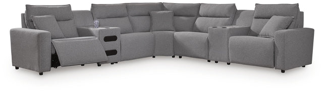 Modmax II Salt and Pepper 7-Piece Power Reclining Sectional with Audio Consoles - Ornate Home