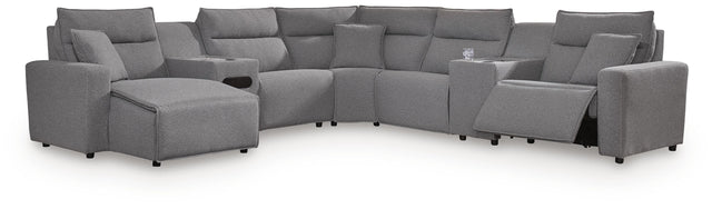 Modmax II Salt and Pepper 7-Piece Power Reclining Sectional with Chaise and Audio Console - Ornate Home