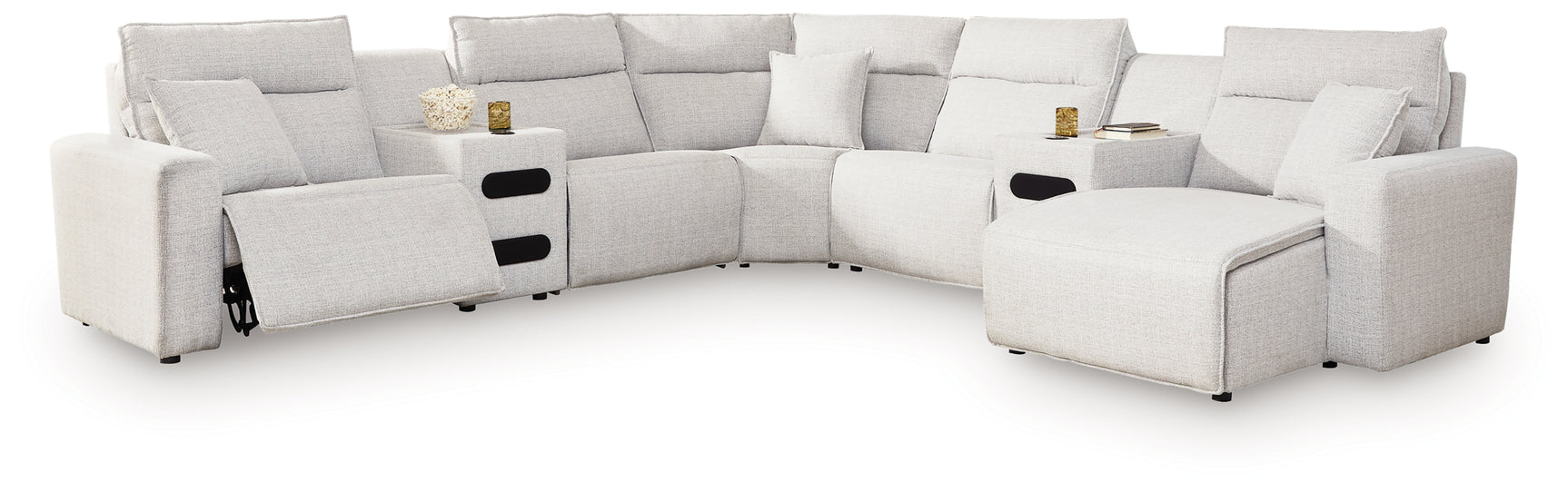 Modmax II Stone 7-Piece Power Reclining Sectional w/ Chaise and Audio Consoles - Ornate Home