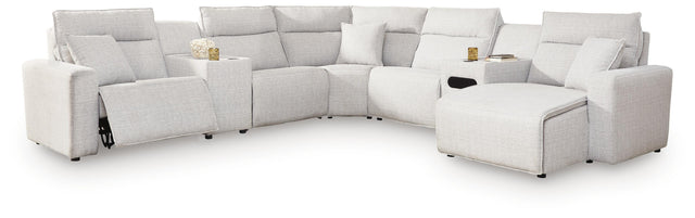 Modmax II Stone 7-Piece Power Reclining Sectional with Chaise & Audio Console - Ornate Home