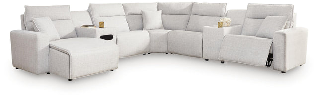 Modmax II Stone 7-Piece Power Reclining Sectional with Chaise and Audio Console - Ornate Home