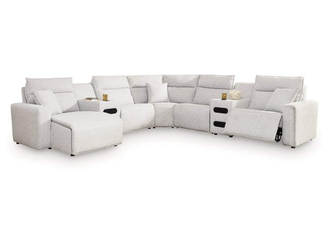 Modmax II Stone 7-Piece Power Reclining Sectional with Chaise and Audio Consoles (Online Special Price) - Ornate Home