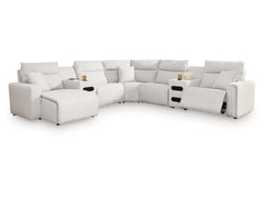 Modmax II Stone 7-Piece Power Reclining Sectional with Chaise and Audio Consoles - Ornate Home