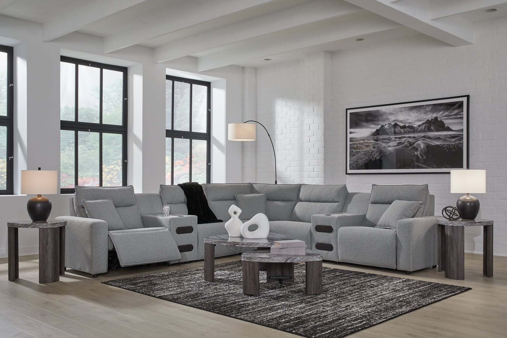 Modmax Salt and Pepper 7-Piece Power Reclining Sectional with Audio Consoles (Online Special Price) - Ornate Home
