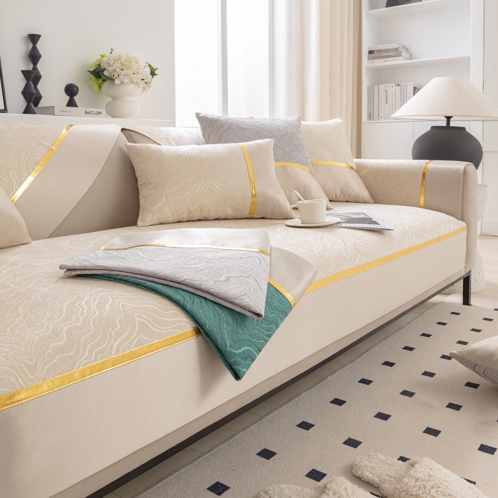 Modular Sofa Cover for Sectionals, Gold Striped Non-Slip Couch Protector - Ornate Home