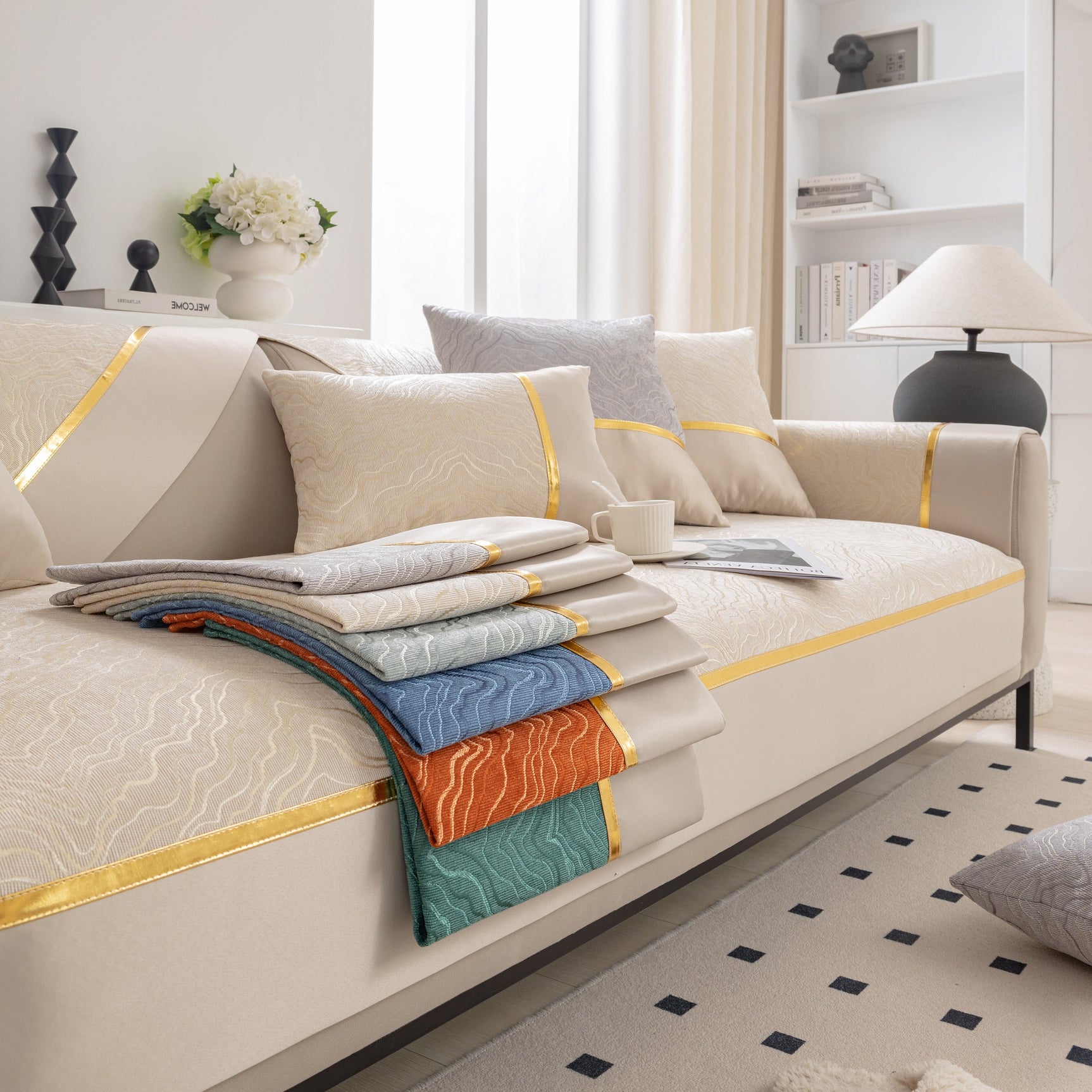 Modular Sofa Cover for Sectionals, Gold Striped Non-Slip Couch Protector - Ornate Home