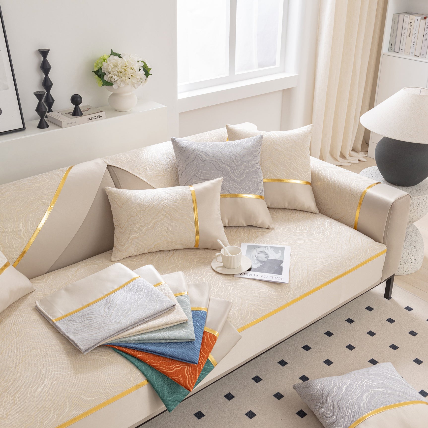 Modular Sofa Cover for Sectionals, Gold Striped Non-Slip Couch Protector - Ornate Home