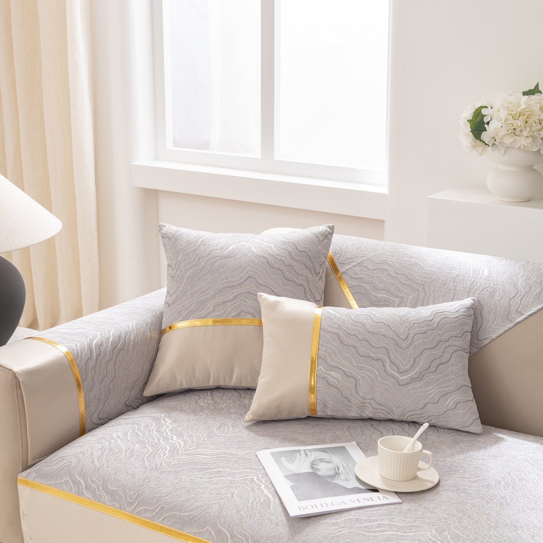 Modular Sofa Cover for Sectionals, Gold Striped Non-Slip Couch Protector - Ornate Home
