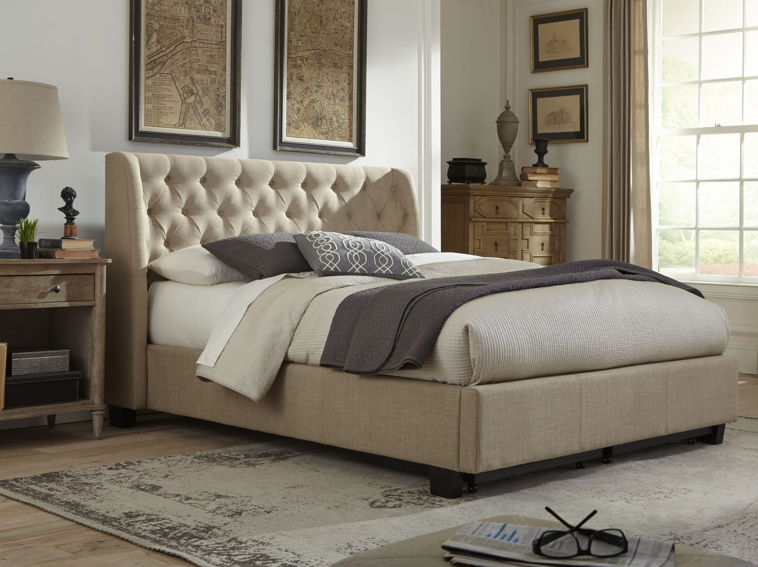 Levi Toast Linen California King Tufted Storage Bed