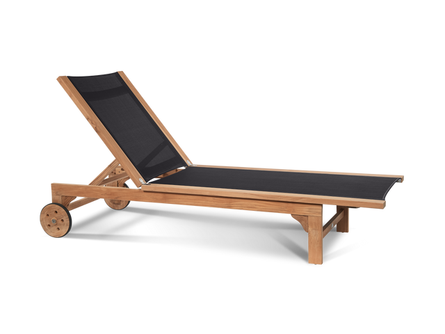 Montauk Teak Black Outdoor Reclining Sunlounger with Rear Wheels - Ornate Home