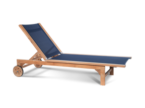 Montauk Teak Blue Outdoor Reclining Sunlounger with Rear Wheels - Ornate Home