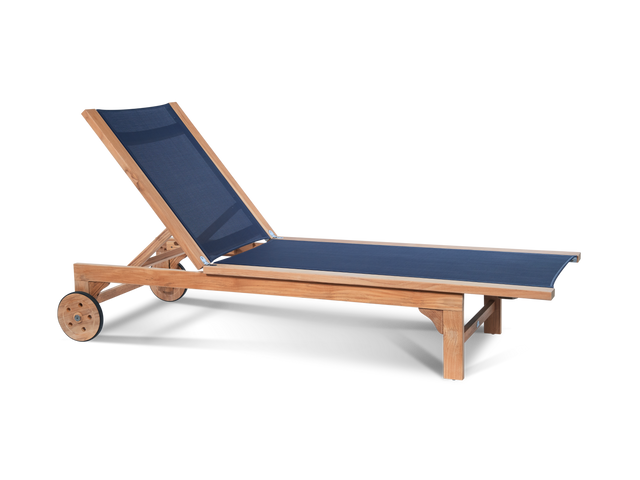Montauk Teak Blue Outdoor Reclining Sunlounger with Rear Wheels - Ornate Home