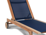 Montauk Teak Blue Outdoor Reclining Sunlounger with Rear Wheels - Ornate Home