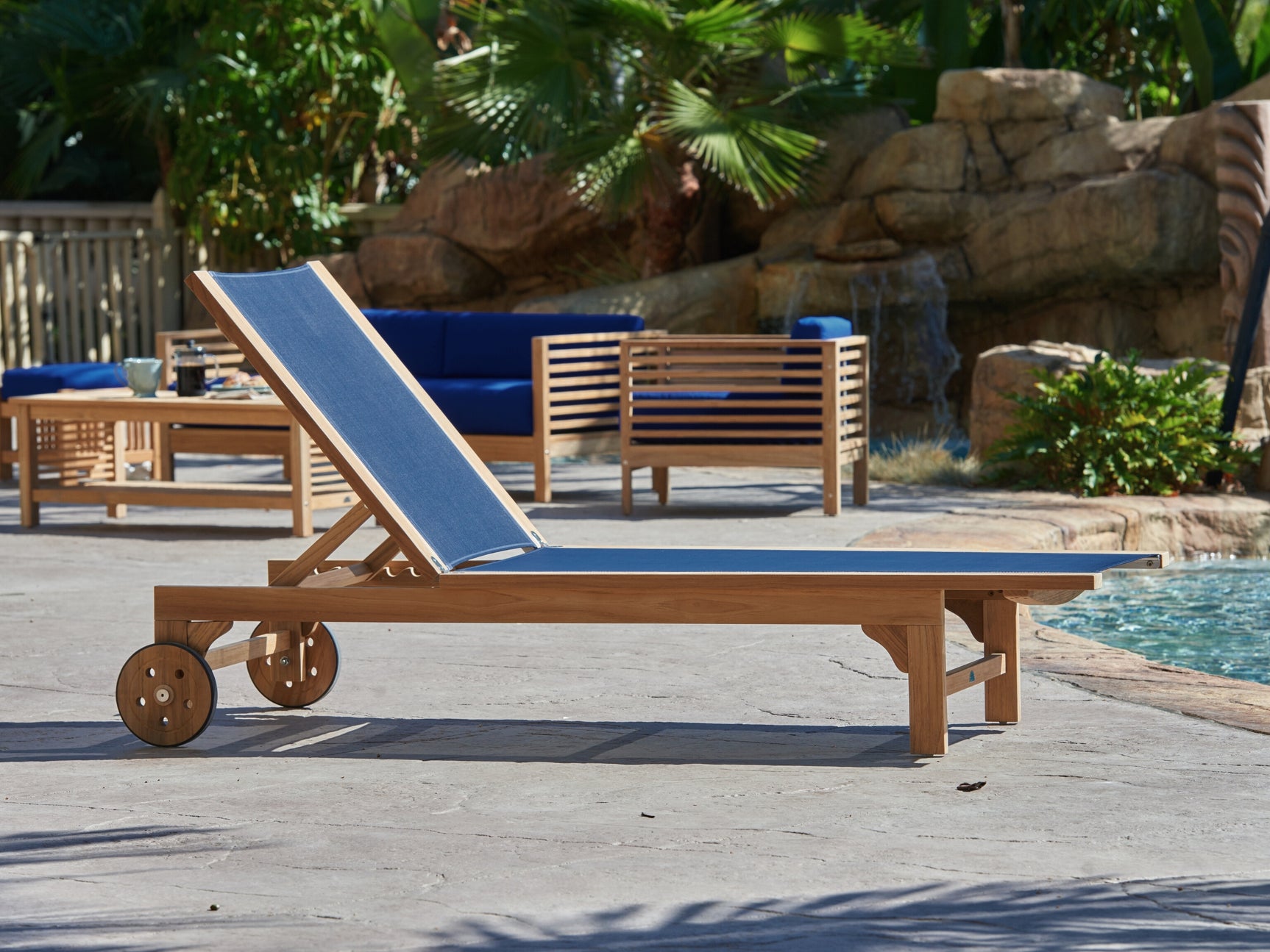 Montauk Teak Blue Outdoor Reclining Sunlounger with Rear Wheels - Ornate Home