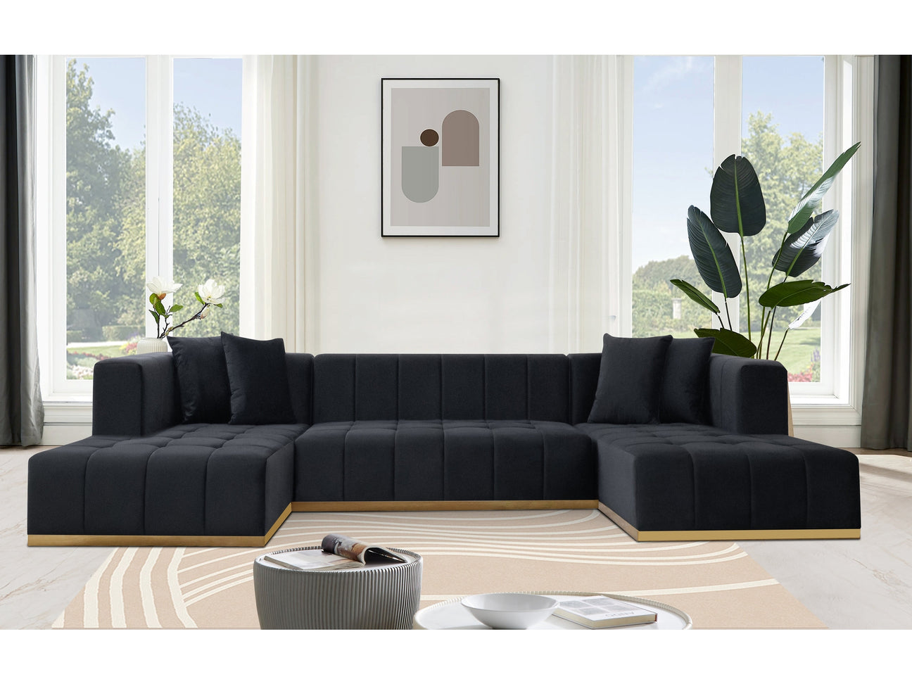 Montecito Black Velvet Double Chaise "U" Shape Sectional Sofa - Ornate Home