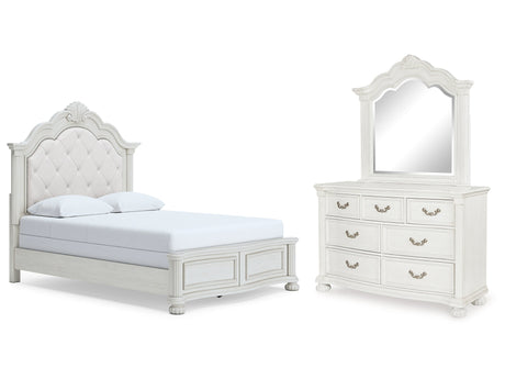Montelaine Antique White Queen Upholstered Panel Bed, Dresser and Mirror - Ornate Home