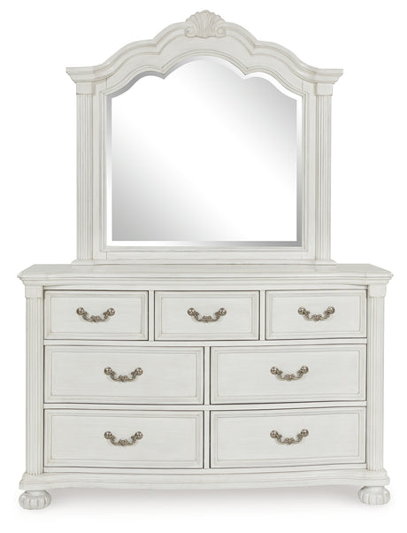 Montelaine Antique White Queen Upholstered Panel Bed, Dresser and Mirror - Ornate Home