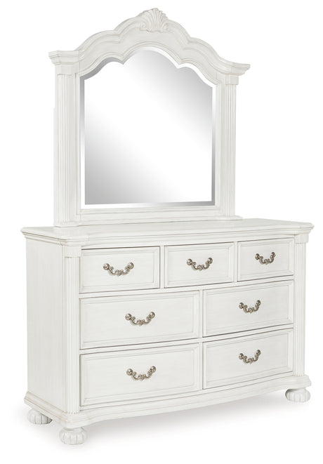 Montelaine Antique White Queen Upholstered Panel Bed, Dresser and Mirror - Ornate Home