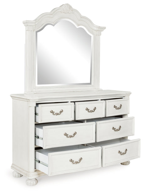 Montelaine Antique White Queen Upholstered Panel Bed, Dresser and Mirror - Ornate Home