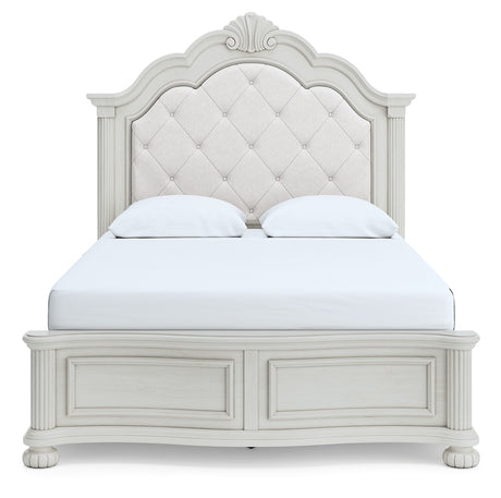 Montelaine Antique White Queen Upholstered Panel Bed, Dresser and Mirror - Ornate Home