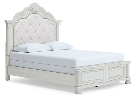 Montelaine Antique White Queen Upholstered Panel Bed, Dresser and Mirror - Ornate Home